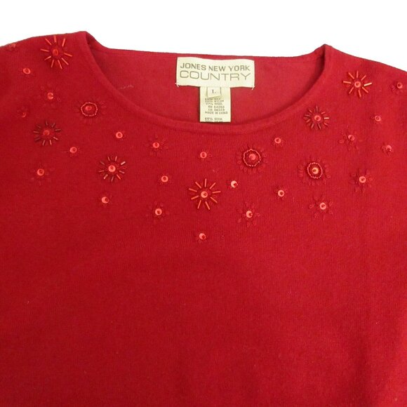 Jones New York Country Sweater Womens Size Large Red Beaded Silk Wool Blend - Picture 5 of 6